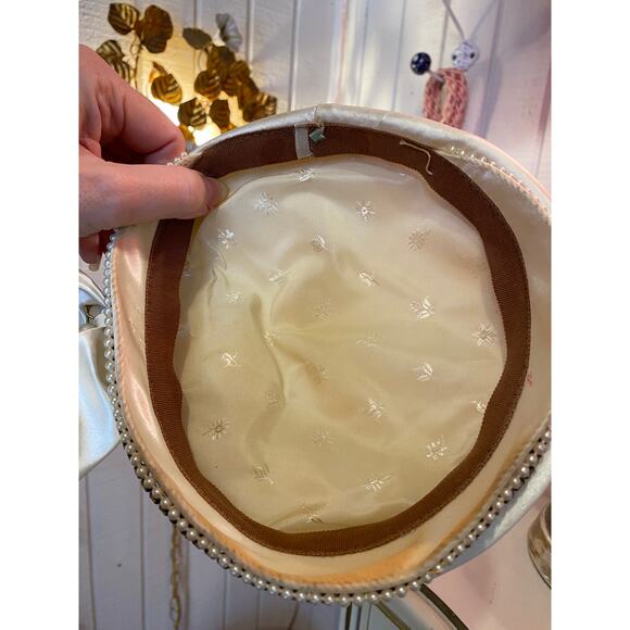 vintage 1950s ivory silk beret 50s hat wedding bridal mcm rhinestones pearls 60s